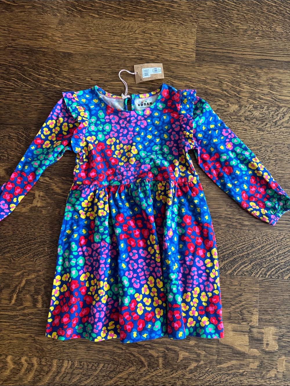 Boden Girls' Blue Long-Sleeve Multicolor Heart-Print Dress- size 4-5